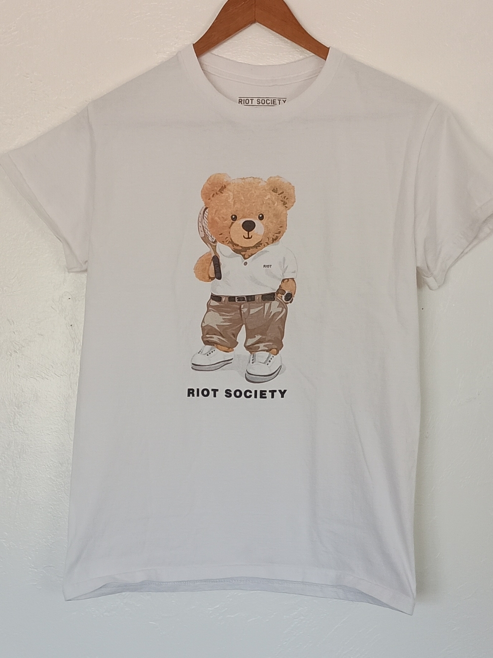 riot society 100% Cotton White Tee with Tan Teddy Tennis Graphic